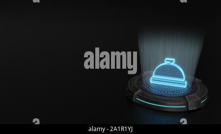 blue stripes digital laser 3d hologram symbol of hotel concierge bell render on old metal sci-fi pad background Stock Photo
