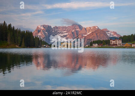 The Landscape of Lake Misurina at sunrise, Located near Auronzo di Cadore (Belluno), Italy Stock Photo