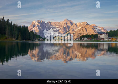 The Landscape of Lake Misurina at sunrise, Located near Auronzo di Cadore (Belluno), Italy Stock Photo