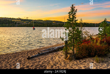 The sun sets in early fall on Redfish Lake, Sawtooth NRA, Idaho, USA Stock Photo