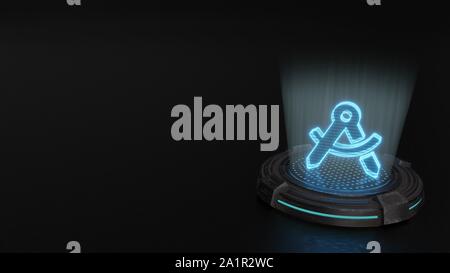 blue stripes digital laser 3d hologram symbol of drafting compass with hole in hinge render on old metal sci-fi pad background Stock Photo