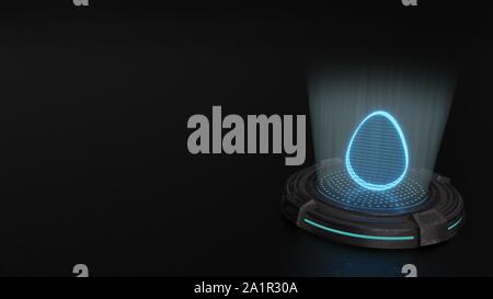 blue stripes digital laser 3d hologram symbol of egg silhouette render on old metal sci-fi pad background Stock Photo