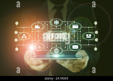 Handwriting text writing New Choice. Conceptual photo having lot of options and adding another one to choose between Male human wear formal work suit Stock Photo