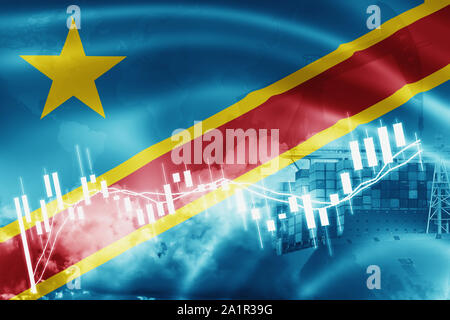 Democratic Republic of Congo flag, stock market, exchange economy and Trade, oil production, container ship in export and import business and logistic Stock Photo