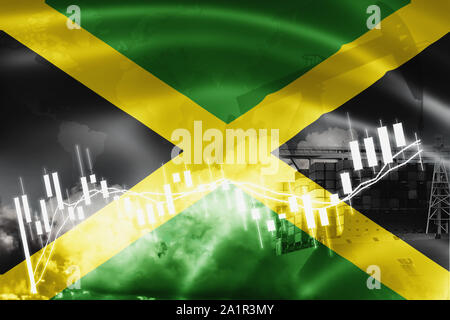 Jamaica flag, stock market, exchange economy and Trade, oil production, container ship in export and import business and logistics. Stock Photo