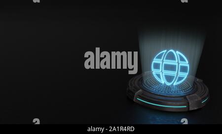 blue stripes digital laser 3d hologram symbol of geographic globe render on old metal sci-fi pad background Stock Photo