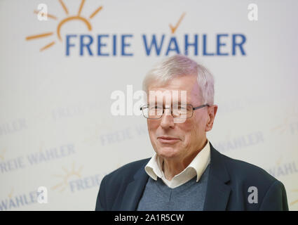 Rostock, Germany. 28th Sep, 2019. After his election, state chairman Gustav Graf von Westarp (Free Voters of Mecklenburg-Western Pomerania) stands in front of the party's logo in the conference hall of the Trihotel. At the state party conference, the free voters of Mecklenburg-Western Pomerania elected their new executive committee. Credit: Danny Gohlke/dpa/Alamy Live News Stock Photo