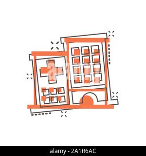 Hospital building icon in comic style. Infirmary vector cartoon illustration on white isolated background. Medical ambulance business concept splash e Stock Vector