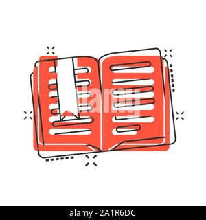 Open book icon in comic style. Literature vector cartoon illustration on white isolated background. Library business concept splash effect. Stock Vector