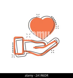 Heart care icon in comic style. Charity vector cartoon illustration on white isolated background. Love in hand business concept splash effect. Stock Vector