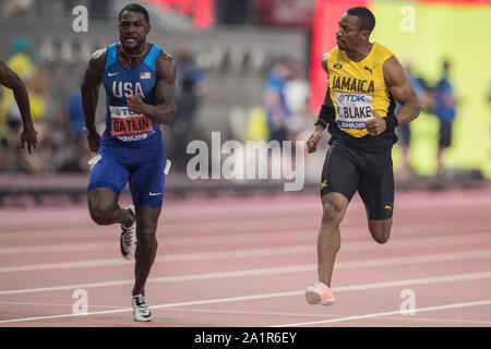 Doha, Qatar. 28th Sep, 2019. Athletics, IAAF World Championship at Khalifa International Stadium: 100 meters, men, semi-finals. Yohan Blake from Jamaica and Justin Gatlin from USA in action. Credit: Oliver Weiken/dpa/Alamy Live News Stock Photo