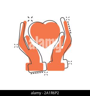 Heart care icon in comic style. Charity vector cartoon illustration on white isolated background. Love in hand business concept splash effect. Stock Vector