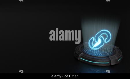 blue stripes digital laser 3d hologram symbol of two thick chain links render on old metal sci-fi pad background Stock Photo
