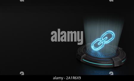 blue stripes digital laser 3d hologram symbol of three thin chain links render on old metal sci-fi pad background Stock Photo