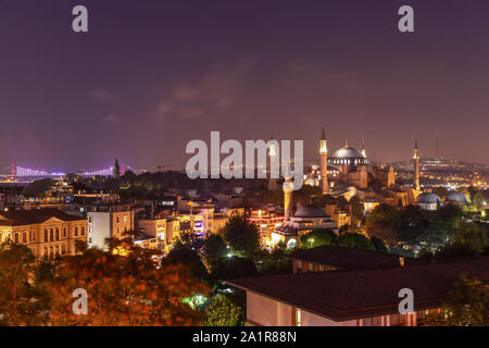 Night Istanbul, view on Hagia Sophia, the Bosphorus Bridge and the Galata Tower Stock Photo