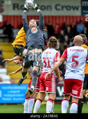 Stevenage, UK. 28th Sep, 2019. Paul Farman of Stevenage FC makes an important catch during the EFL Sky Bet League 2 match between Stevenage and Cambridge United at the Lamex Stadium, Stevenage, England on 28 September 2019. Photo by Phil Hutchinson. Editorial use only, license required for commercial use. No use in betting, games or a single club/league/player publications. Credit: UK Sports Pics Ltd/Alamy Live News