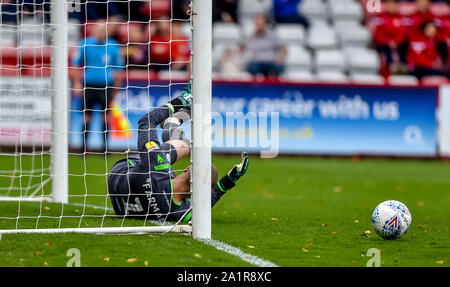 Stevenage, UK. 28th Sep, 2019. Paul Farman of Stevenage FC saves during the EFL Sky Bet League 2 match between Stevenage and Cambridge United at the Lamex Stadium, Stevenage, England on 28 September 2019. Photo by Phil Hutchinson. Editorial use only, license required for commercial use. No use in betting, games or a single club/league/player publications. Credit: UK Sports Pics Ltd/Alamy Live News