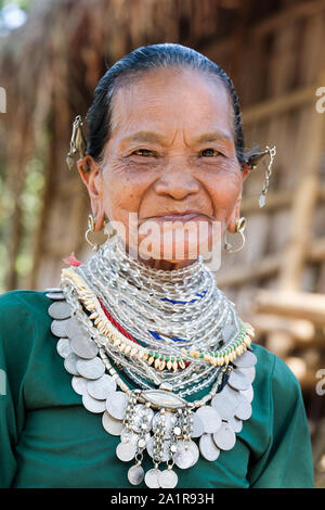 Woman from the Reang tribe wears traditional necklaces. Gumsing Village ...