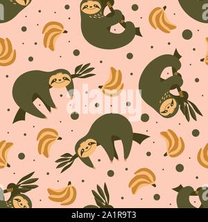 Seamless pattern with cute sloths and bananas on pink background. Trendy print in scandinavian colors. Vector illustration. Stock Vector