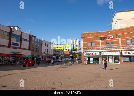 Victoria Circus at the top of the seaside town's High Street, Southend on Sea, Essex, UK. University Square campus multi coloured accommodation Stock Photo