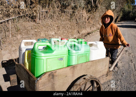 Boys push a cart full of water containers in the Khasi Hills, Meghalaya, Northeast India, India Stock Photo