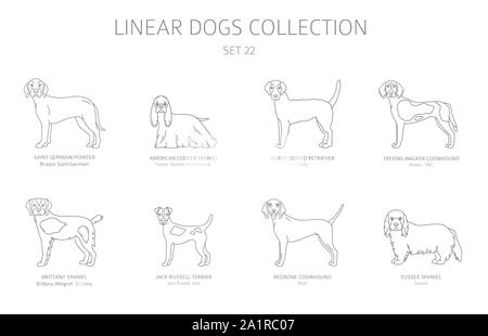 Simple line dogs collection isolated on white. Dog breeds. Flat style clipart set. Vector illustration Stock Vector