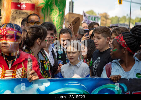 Montreal, Canada. 27th Sep, 2019. Swedish climate activist GRETA THUNBERG joins the climate strike protest in Montreal marching along with young activists and their supporters. Hundreds of thousands of people marched along the streets of Downtown Montreal Friday afternoon demanding real action on climate change. (Photo by Cristian Mijea/Pacific Press) Credit: Pacific Press Agency/Alamy Live News Stock Photo