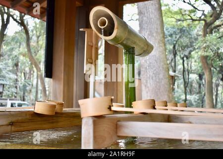 Temizuja - water tank for ritual of washing the hands and mouth before entering the shrine Meiji-jingu - the biggest and the most famous shinto shrine Stock Photo