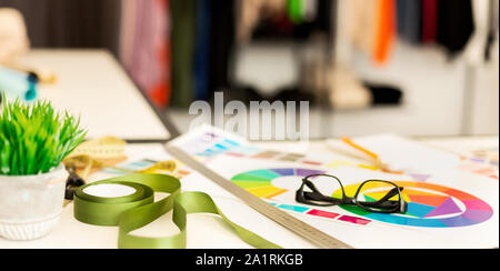 Clothing Designer's Workplace Background With Sewing Tools Stock Photo