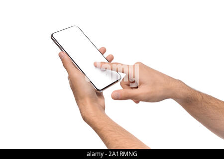 Male hand touching blank smartphone screen over white background Stock Photo