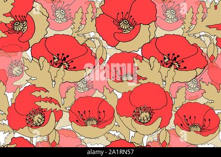 Floral vector seamless pattern with red poppy. Stock Vector