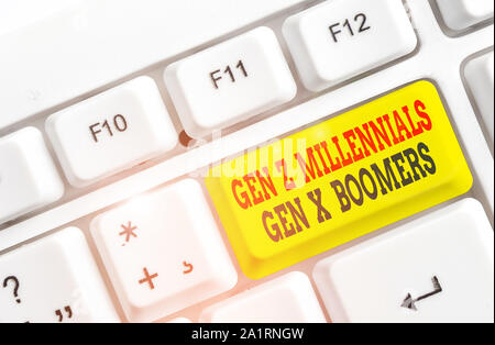 Conceptual hand writing showing Gen Z Millennials Gen X Boomers. Concept meaning Generational differences Old Young showing White pc keyboard with not Stock Photo