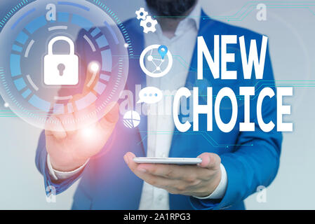 Word writing text New Choice. Business photo showcasing having lot of options and adding another one to choose between Male human wear formal work sui Stock Photo