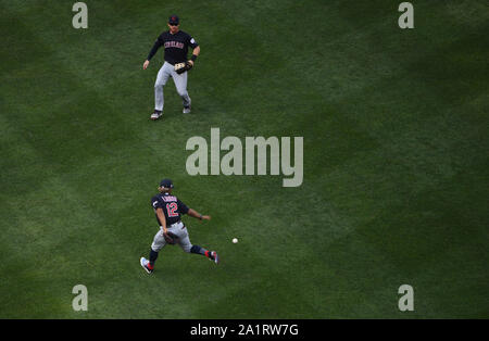 Washington, USA. 28th Sep, 2019. Cleveland Indians shortstop Francisco Lindor (12) miss fields a ball against the Washington Nationals in the second inning at Nationals Park in Washington, DC on Saturday, September 28, 2019. Photo by Kevin Dietsch/UPI Credit: UPI/Alamy Live News Stock Photo