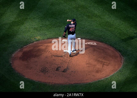 Washington, USA. 28th Sep, 2019. Cleveland Indians starting pitcher Adam Plutko (45) reacts after giving up runs in the second inning against the Washington Nationals at Nationals Park in Washington, DC on Saturday, September 28, 2019. Photo by Kevin Dietsch/UPI Credit: UPI/Alamy Live News Stock Photo