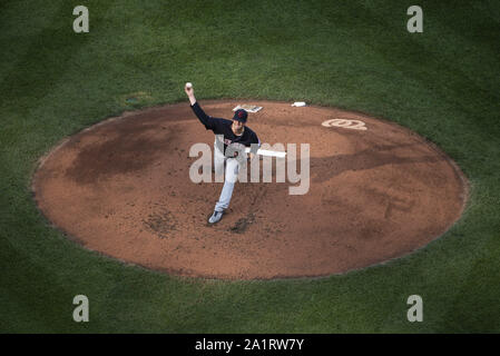 Washington, USA. 28th Sep, 2019. Cleveland Indians starting pitcher Adam Plutko (45) pitches against the Washington Nationals in the second inning at Nationals Park in Washington, DC on Saturday, September 28, 2019. Photo by Kevin Dietsch/UPI Credit: UPI/Alamy Live News Stock Photo