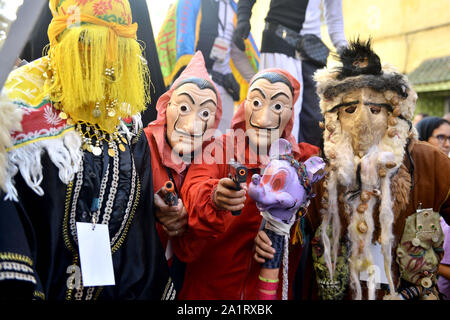 Sale, Morocco. 28th Sep, 2019. People wearing masks and special costumes participate in the Boujloud Festival in Sale, Morocco, on Sept. 28, 2019. The annual Boujloud Festival, also known as Moroccan Halloween, is a popular exotic rite that includes singing, dancing and masquerading. Credit: Xinhua/Alamy Live News Stock Photo