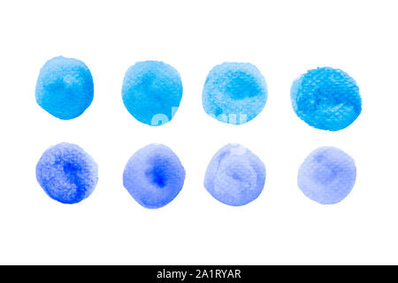 Set of watercolor sky blue, dark blue  spots isolated on white background with clipping path. Stock Photo