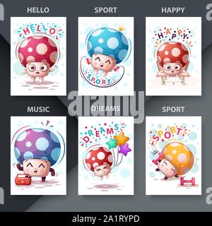 Cartoon illustrtion - set mushroom card Stock Vector