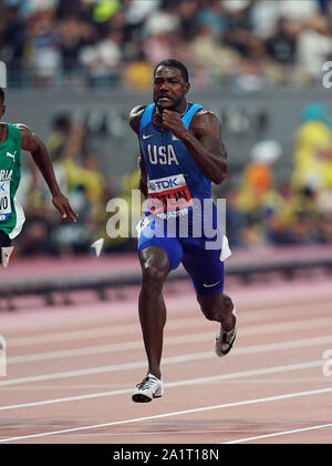 Doha, Qatar. 28th Sep, 2019. Yohan Blake of Jamaica and Justin Gatlin of United States competing in the 100 meter for men during the 17th IAAF World Athletics Championships at the Khalifa Stadium in Doha, Qatar. Ulrik Pedersen/CSM/Alamy Live News Stock Photo