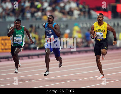 Doha, Qatar. 28th Sep, 2019. Yohan Blake of Jamaica and Justin Gatlin of United States competing in the 100 meter for men during the 17th IAAF World Athletics Championships at the Khalifa Stadium in Doha, Qatar. Ulrik Pedersen/CSM/Alamy Live News Stock Photo