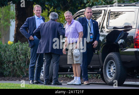 Washington DC, USA. 28th Sep, 2019. United States Senator Lindsey Graham (Republican of South Carolina), Chairman, US Senate Judiciary Committee, in purple shirt, returns to the White House in Washington, DC after spending the day playing golf with US President Donald J. Trump on Saturday, September 28, 2019. Credit: MediaPunch Inc/Alamy Live News Stock Photo
