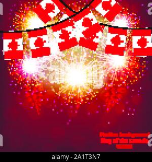 Bright firework with flags Canada for holidays. Set for holidays. Bright background with flag of Canada . Happy Canada day background. Vector illustration. Stock Vector