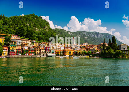 Colorful Varenna town seen from the Lake Como, Lombardy region, Italy Stock Photo