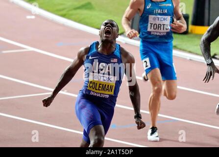 Christian Coleman (USA) winner 100 meter during IAAF World Athletics Championships 2019 on September 28, 2019 in Khaliff Internartional Stadium in Doha, Quatar. Credit: Soenar Chamid/SCS/AFLO/Alamy Live News Stock Photo