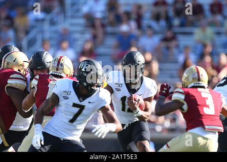 Massachusetts, USA. 28th Sep, 2019. Wake Forest Demon Deacons quarterback Jamie Newman (12) runs with the ball during the NCAA football game between Wake Forest Demon Deacons and Boston College Eagles at Alumni Stadium. Credit: Cal Sport Media/Alamy Live News Stock Photo