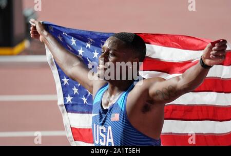 Christian Coleman (USA) winner 100 meter during IAAF World Athletics Championships 2019 on September 28, 2019 in Khaliff Internartional Stadium in Doha, Quatar. Credit: Soenar Chamid/SCS/AFLO/Alamy Live News Stock Photo