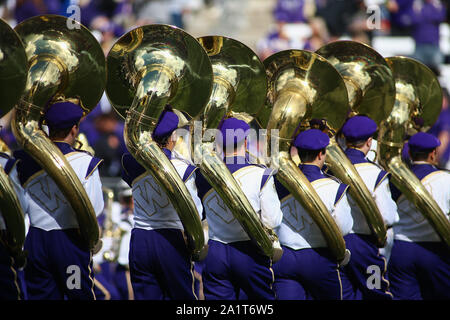 Seattle, WA, USA. 28th Sep, 2019. Members of the Washington Huskies marching band perform before a game between the Southern California Trojans and Washington Huskies at Alaska Airlines Field at Husky Stadium in Seattle, WA. Sean Brown/CSM/Alamy Live News Stock Photo