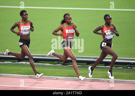 Agnes Tirop, Hellen Obiri and Rosemary Wanjiru (Kenya). 10,000 metres women final. IAAF World Athletics Championships, Doha 2019 Stock Photo