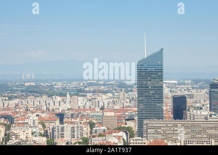 LYON, FRANCE - JULY 19, 2019: Aerial panoramic view of Lyon with the skyline skyscrapers visible in background with the main tower of Tour incity, the Stock Photo